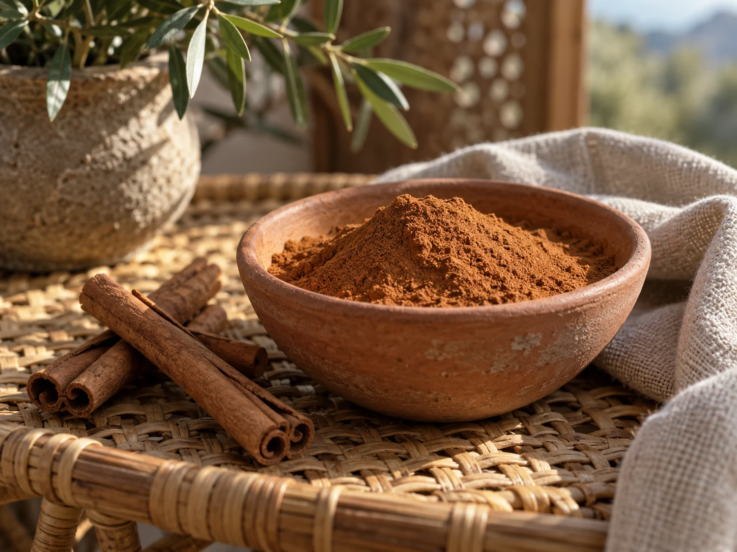 Cinnamon powder in a rustic clay bowl with whole cinnamon sticks on a woven natural surface.