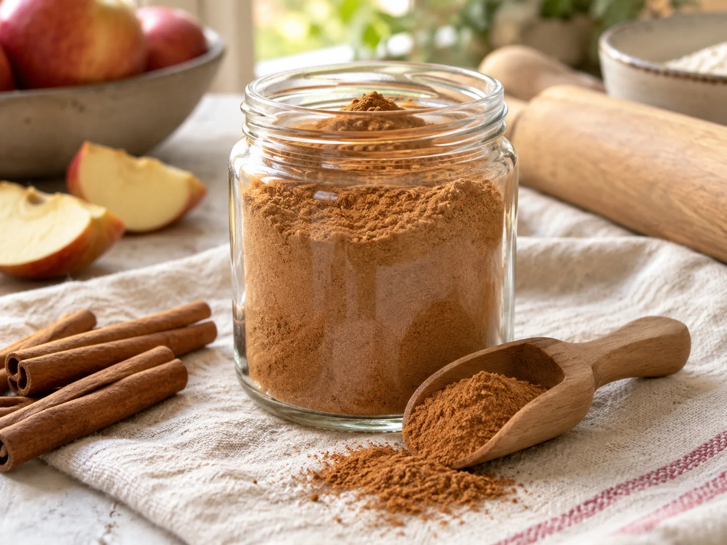 Glass jar filled with cinnamon powder beside a wooden scoop, cinnamon sticks, and fresh apple slices.