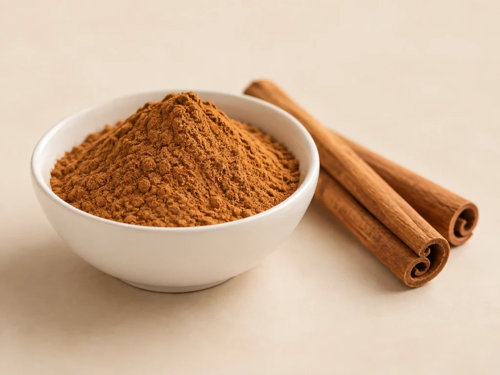 Cinnamon powder in a white bowl with whole cinnamon sticks on a clean neutral background.
