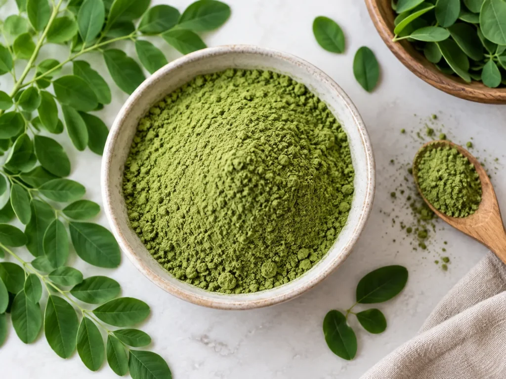 Moringa leaf powder in a ceramic bowl surrounded by fresh moringa leaves and a wooden spoon.