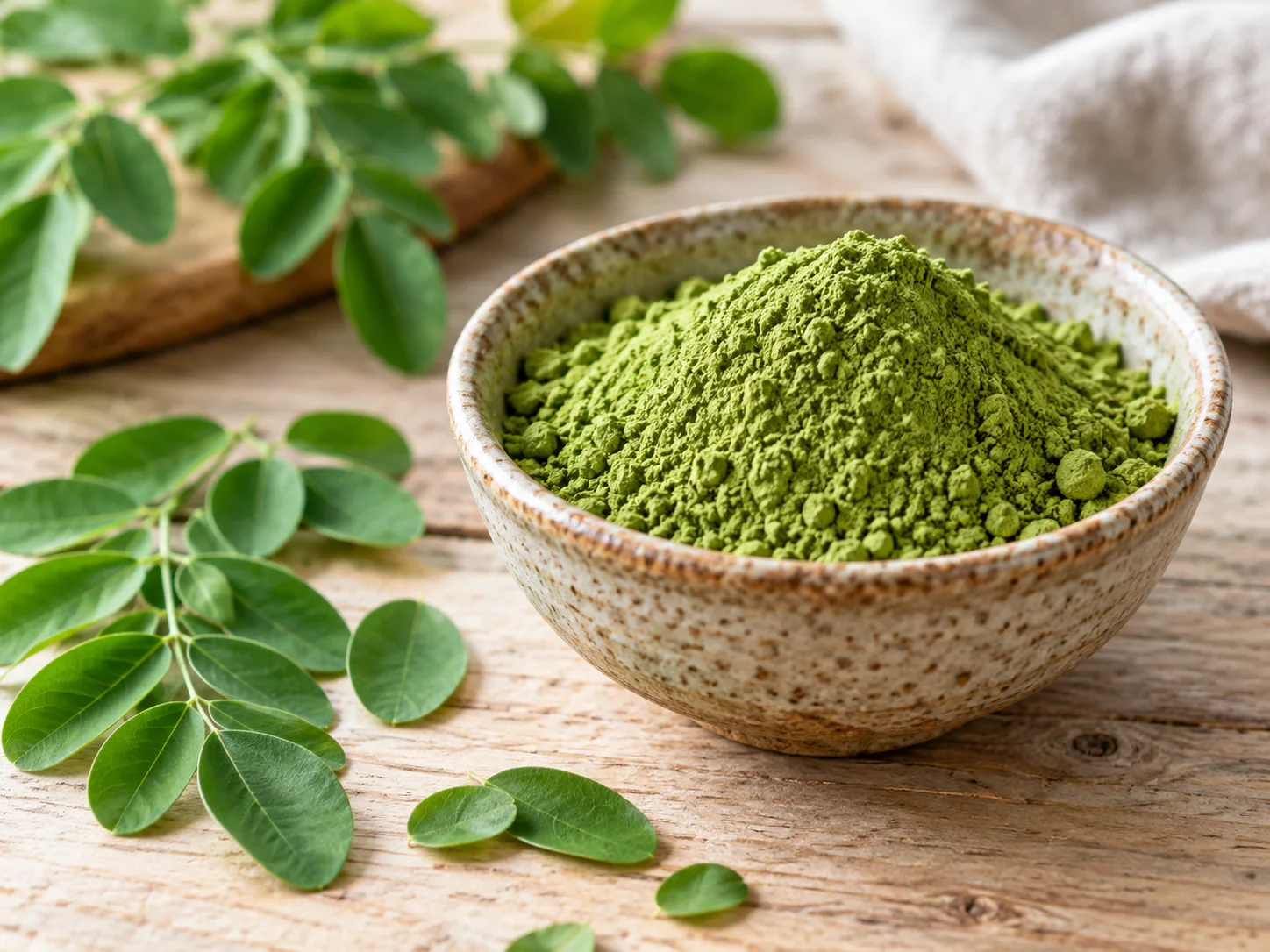 Ceramic bowl filled with moringa leaf powder surrounded by fresh green moringa leaves on a rustic wooden table.