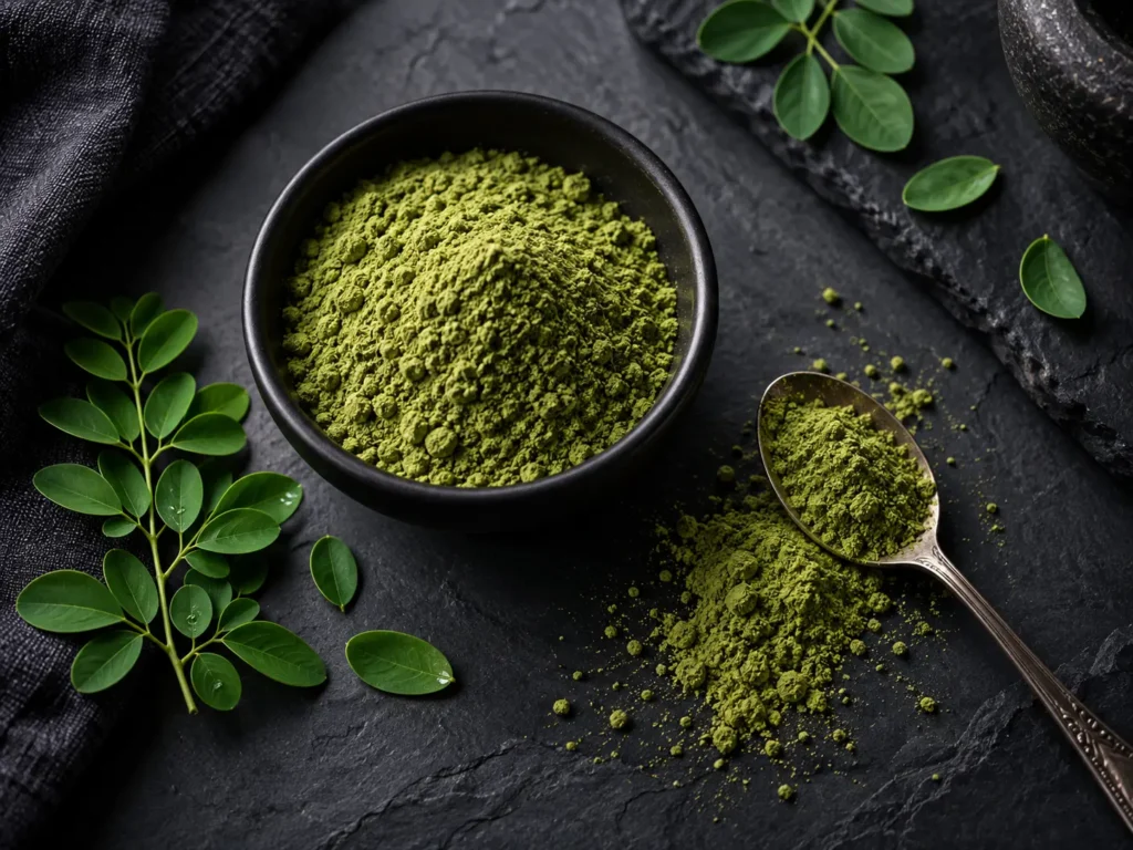 Moringa leaf powder in a black bowl with fresh moringa leaves and a spoon on a dark stone surface.