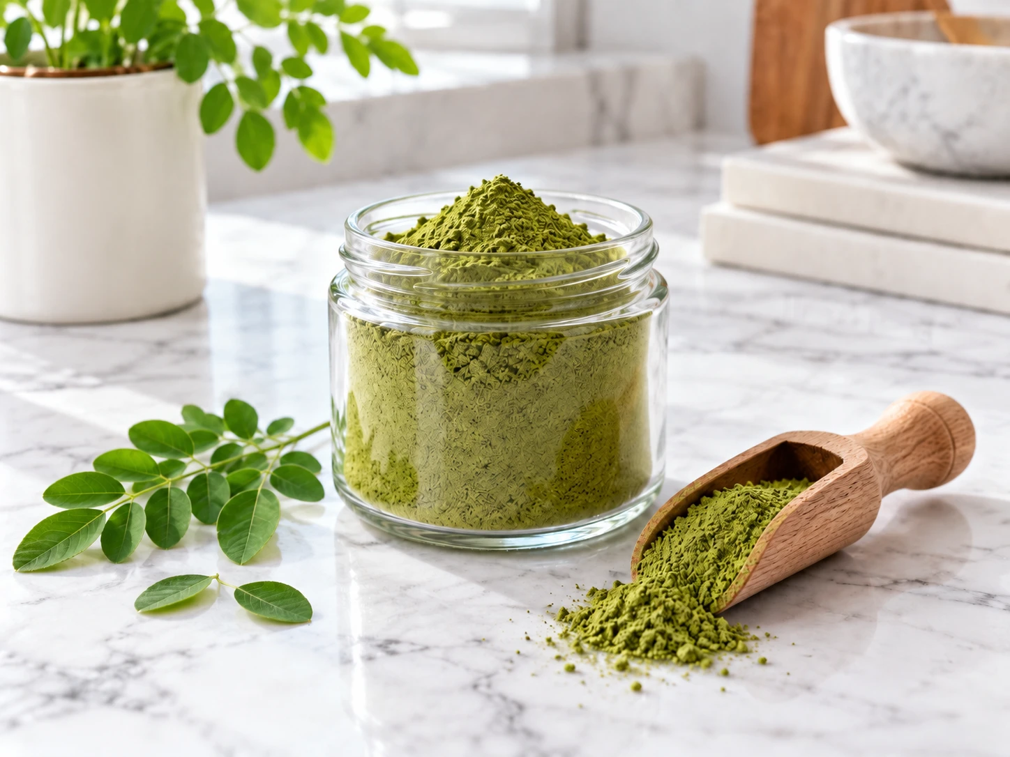 Glass jar filled with moringa powder beside fresh moringa leaves and a wooden scoop on a marble countertop.