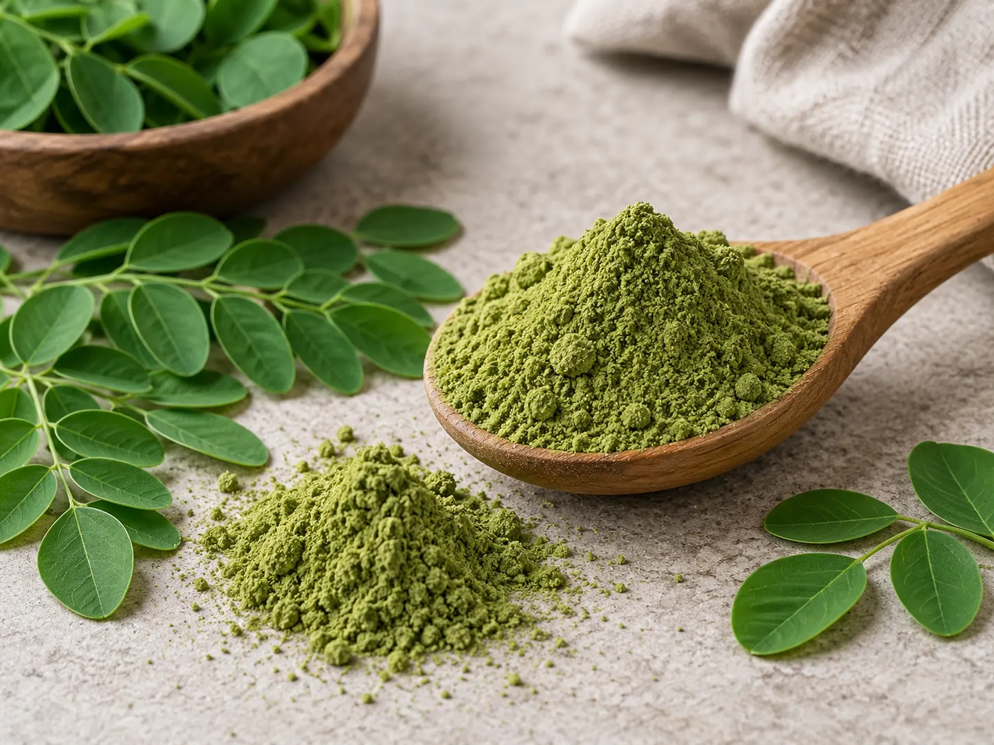 Wooden spoon filled with green moringa powder beside fresh moringa leaves on a natural stone surface.