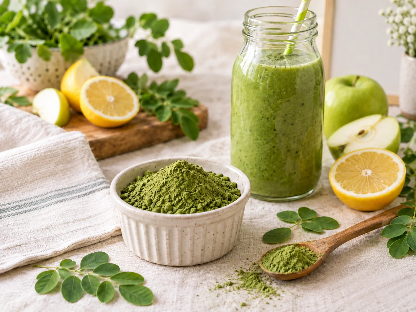 Moringa powder in a bowl beside a green smoothie, fresh moringa leaves, apples, and lemons.