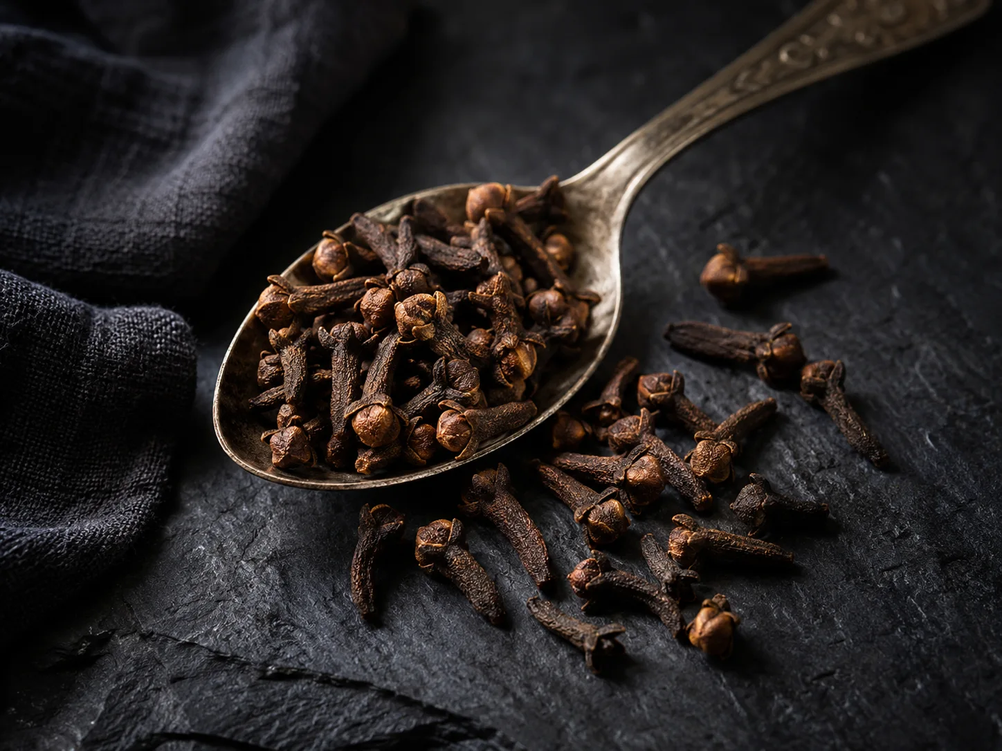 Whole cloves piled in a vintage metal spoon on a dark textured stone background.
