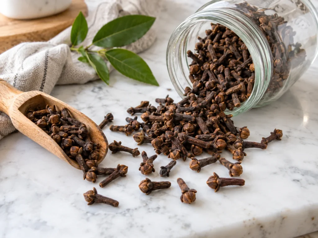 Whole dried cloves spilling from a glass jar beside a wooden scoop on a marble surface.