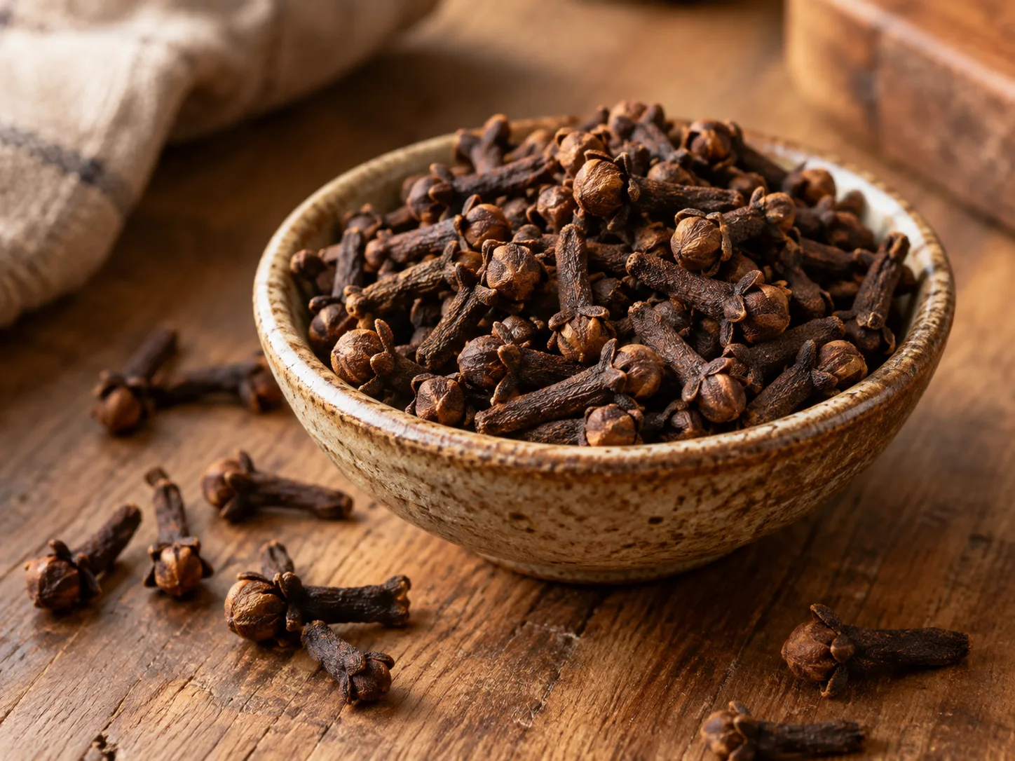 Bowl filled with whole dried cloves on a rustic wooden table with scattered cloves around it.